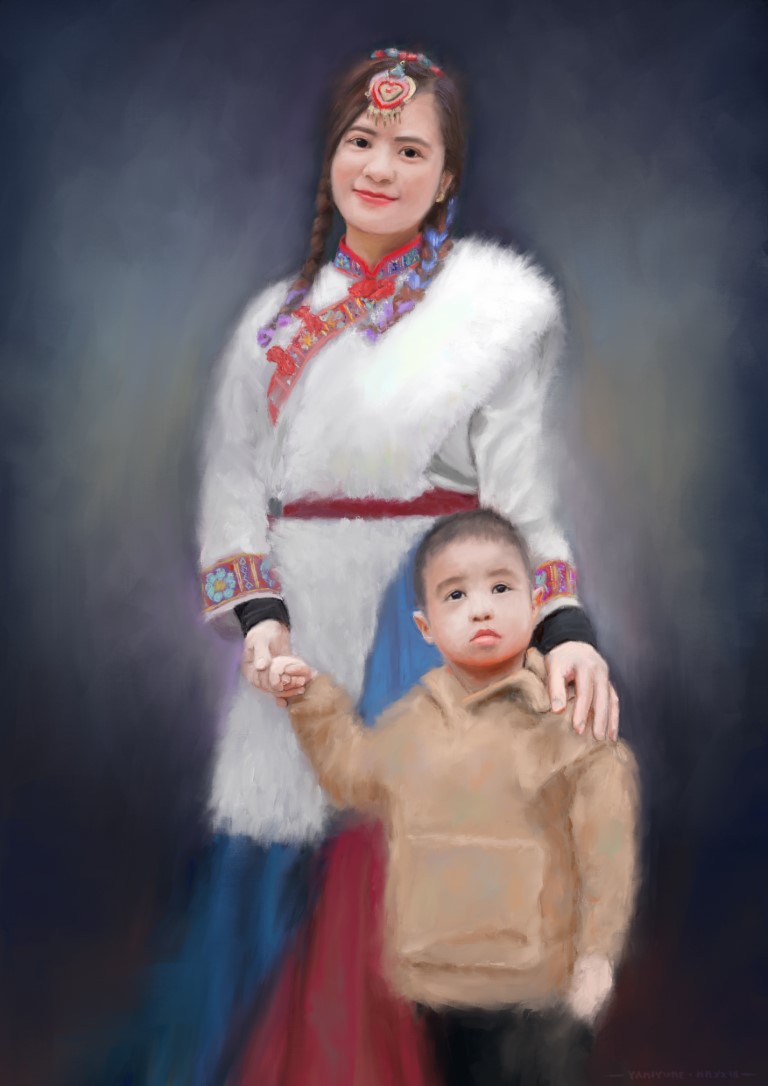 Digitally painted portrait of a mother and her young son posing for the camera. The woman is wearing what appears to be some kind of traditional dress with a heart-shaped headpiece, a black and red skirt, and a silky top with a pelt and colorful applications at the neck and the wrists. The son is wearing a simple beige hoody. The mother is smiling and looking directly at the camera. She is holding the boy's hand in her right hand while resting the other hand on his shoulder. The boy is absent-mindedly looking somewhere towards the sky.
